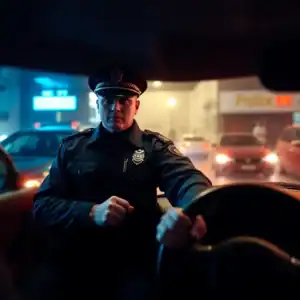 Police officer in uniform at night, traffic stop, law enforcement, We Defend You legal services, criminal defense attorney.