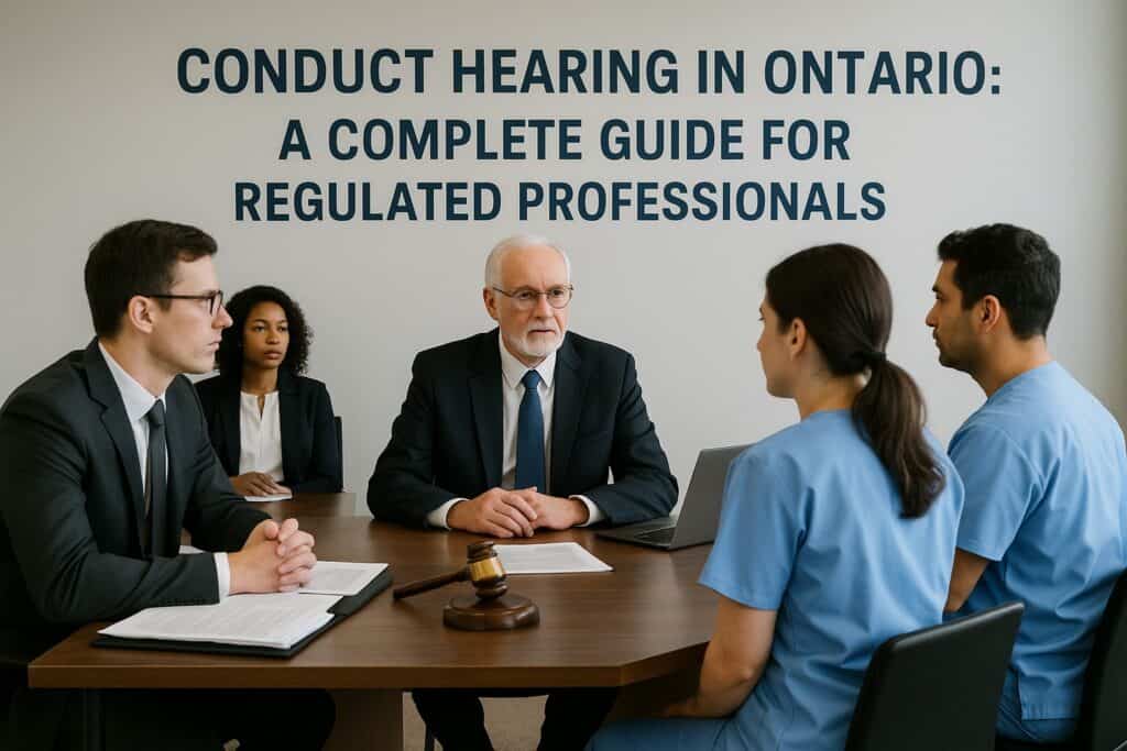 Legal professionals conducting a hearing consultation with doctors and lawyers in Ontario.