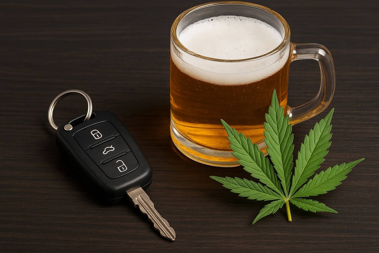 Car key, beer, and cannabis leaf highlighting alcohol and drug impairment