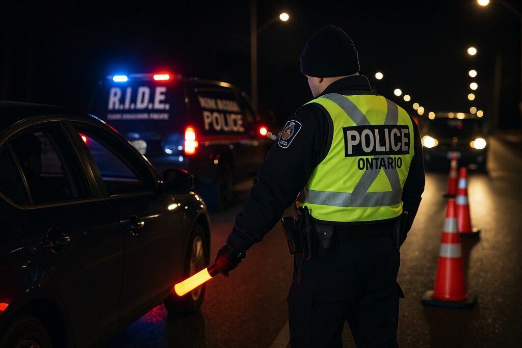 Rural police officer directing traffic at night with reflective vest, police car, and cones.