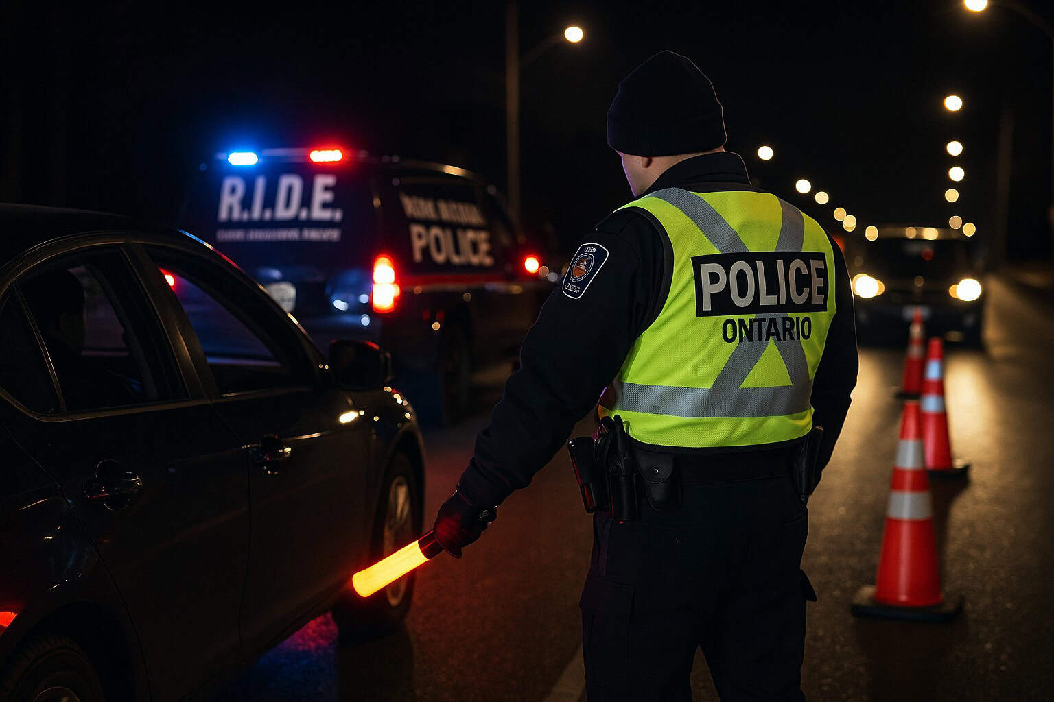 Ontario R.I.D.E. roadside sobriety checkpoint at night