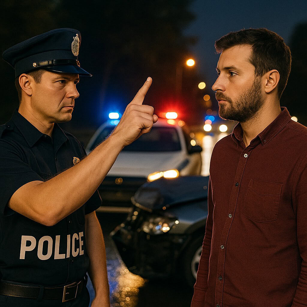 Police officer performing a field sobriety test after a collision scene